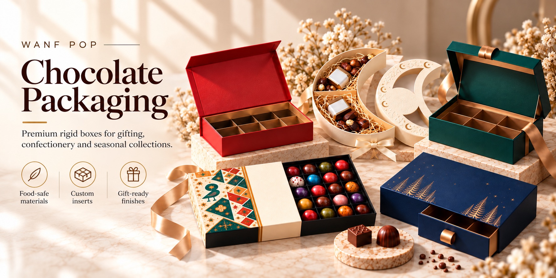 Custom chocolate packaging boxes with fitted inserts